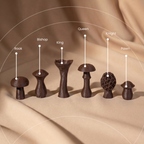 3d printed woodland chess pieces labeled with their names on a beige fabric background
