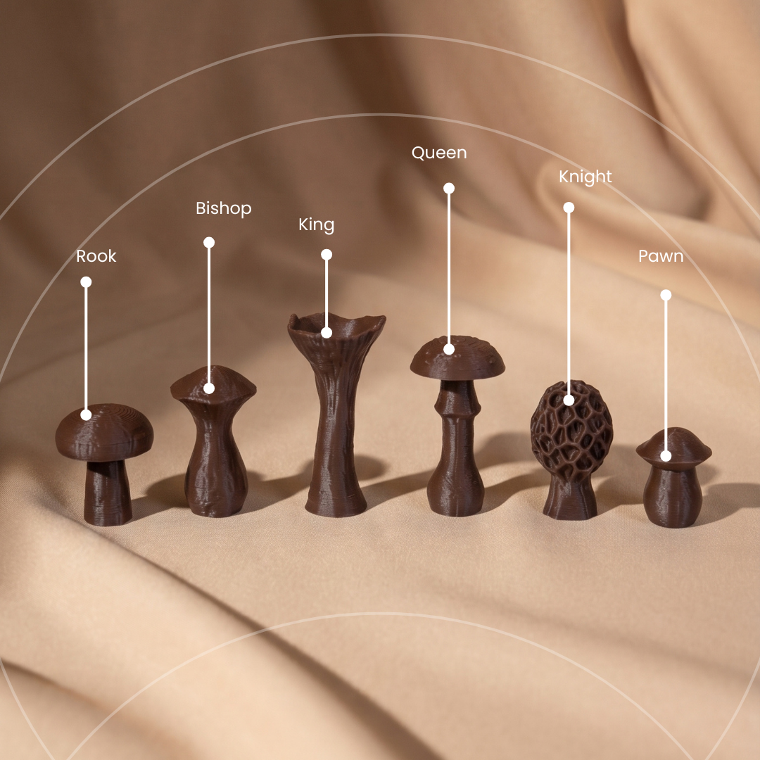 3d printed woodland chess pieces labeled with their names on a beige fabric background